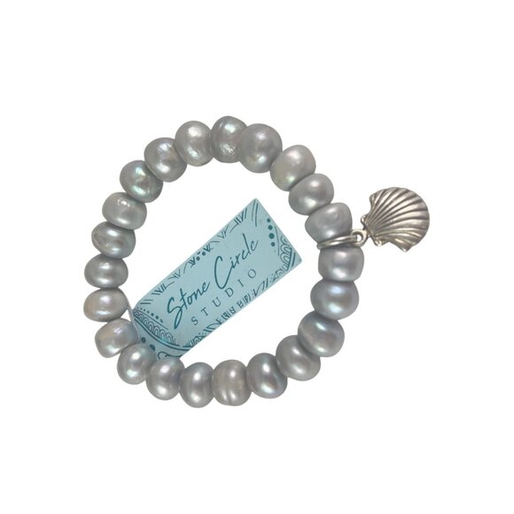 Freshwater Pearl Stretch Bracelet With Shell Charm By Stone Circle Studio - Picture 5 of 6